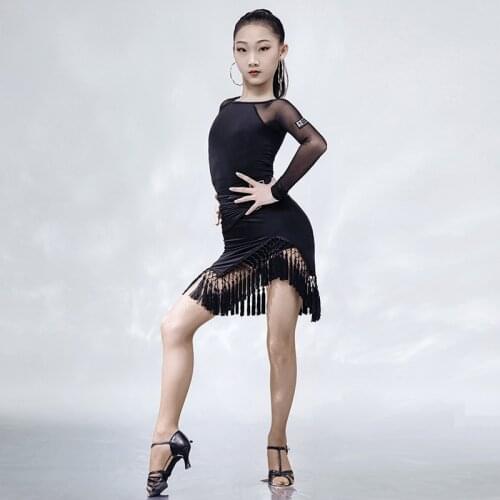 Girls New Latin Dance Costumes Mesh Sleeves Tops Tassel Skirts Latin Dance Performance Costumes Samba Tango Latin Dress DN8636