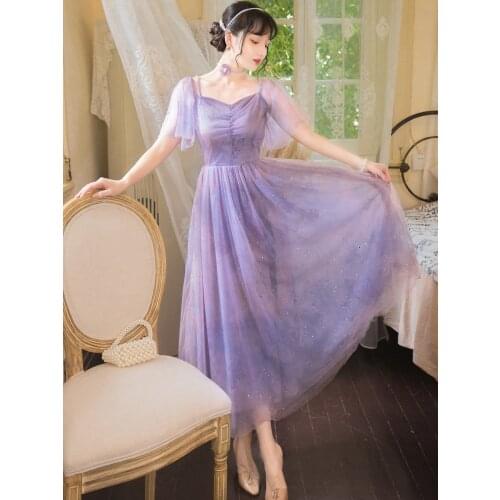 Purple Gentle Fairy Dress Women Summer Retro Print Sequined Sweet Mesh Dress Chic Beaded Square Neck Ruffled Elegant Party Dress