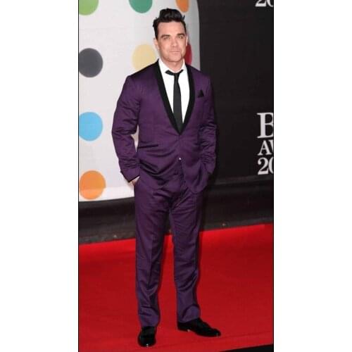 Custom Made Groomsmen Shawl Black Lapel Groom Tuxedos Purple Men Suits Wedding Best Man (Jacket+Pants+Tie+Hankerchief) C34
