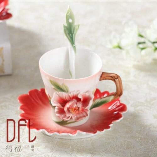 Enamel Painted Coffee Cups Bone China Peony Hand-carved Mug with saucers scoop creativity marriage birthday gift valentines day