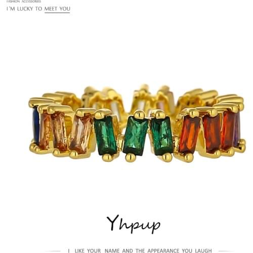 Yhpup Rainbow Color Rings Cubic Zircon Copper Fashion Trendy Jewelry for Female Wedding Party Geometric Ring Christmas Gift
