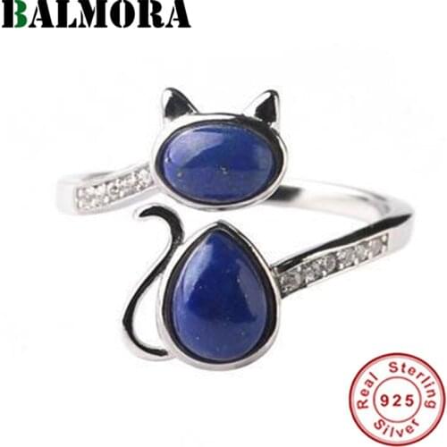 BALMORA 100% 925 Silver Water Drop Lapis Lazuli Ring For Women Girl Lover Retro Open Animal Cat Ring Statement Ring Jewelry Gift