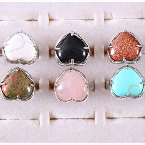 Finger Ring For Woman Natural Stone Heart Beaded Ring Black Onyx Blue Lapis Pink Crystal Quartz Resizable Ring Jewelry Gift