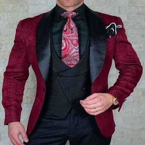 Red Jacquard Mens Wedding Suits 2020 Prom Party Groom Tuxedos 3 Piece Set Slim Fit Business Male Suit (Blazer+Vest+Pants)