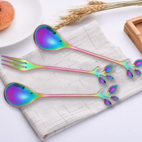 Stainless Steel Spoon Small Fresh Branch Stirring Coffee Spoon Leaf Fruit Fork Gift Titanium Colorful Plated Specialty Tableware