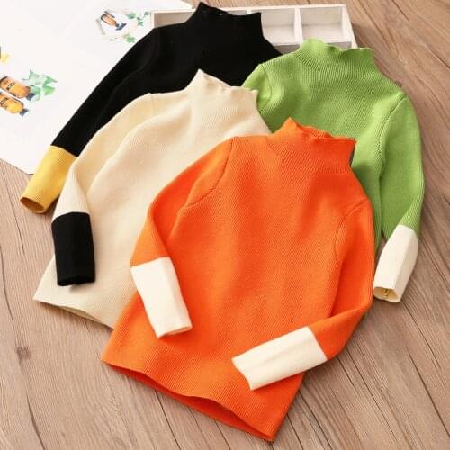 2020 New Casual Autumn Winter Warm 2-10 Years High Neck Knitted Turtleneck Color Block Patchwork Sweater For Baby Kids Girls