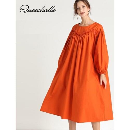 Oversized Cotton Dress Womens 2021 Spring Dress Elegant Folds Loose A-line Dress Female Orange Color Midi Dresses for Woman