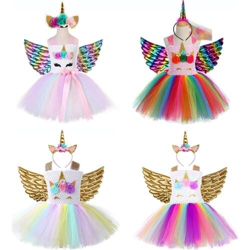 Rainbow Princess Children Unicorn Dress Girl Unicorn Christmas Tutu Dress Flower Girl Party Dress with Unicorn Headband Wing Set
