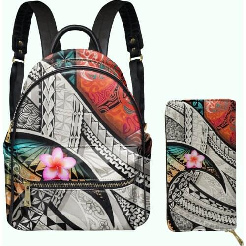 Polynesian Tribal Plumeria Design Fashion Mini PU Backpack Clutch Wallet 2pcs/Set for Lady Girls Small Schoolbag Luxury Satchel