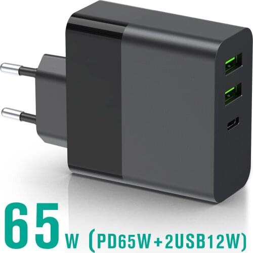PD 65W + 2 USB 12W Quick Charger Computer Power Adapter Multi Port USB Charger Type C Charger Fast Charging