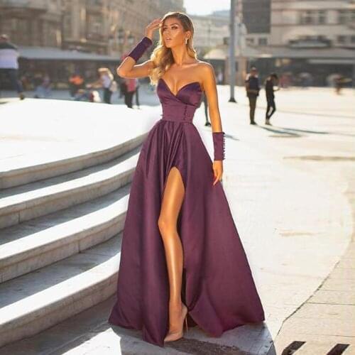 Plum Long Satin Prom Dresses 2021 High Split Side Strapless Formal Evening Party Dress Robe De Soiree