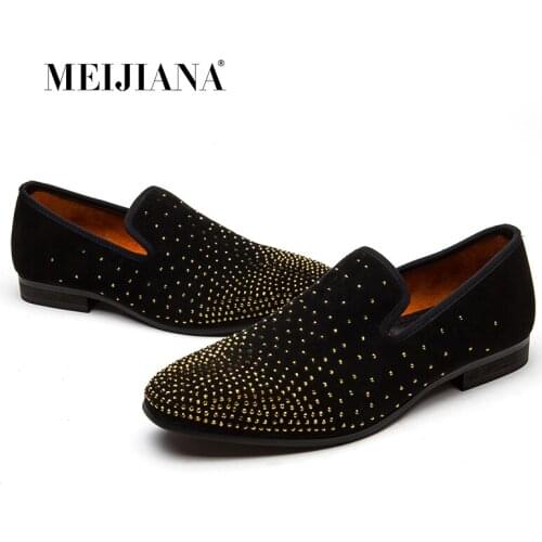 MEIJIANA Men Black Shoes Lofers New Suede Leather Luxury Brand Drilling Fashion Mens Flats Male Prom Wedding Party Shoes