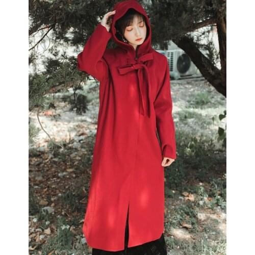 Vintage bow lace-up christmas red cloak ladies thick quilted winter capes with hoods long wool poncho coat