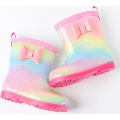 Cute Bow Rain Boots Toddler Infant Kids Water Shoes Edging Gradient Rainbow Waterproof Rain shoes Non-slip Pvc shoes for girls