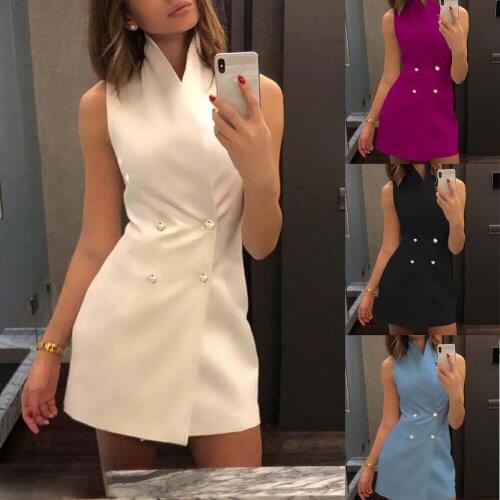 Womens New Arrival Fashion Sleeveless Stand Collar Bodycon Dress Lapel Casual Mini Dress Ladies Button Solid Tank OL Dresses