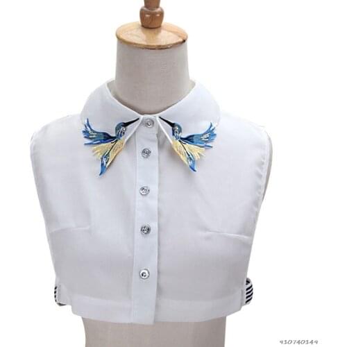 Women Shirt Fake Collar Tie Fashion Heavy Bird Embroidery Crystal Sewing Detachable Collar False Collar Lapel Blouse Top