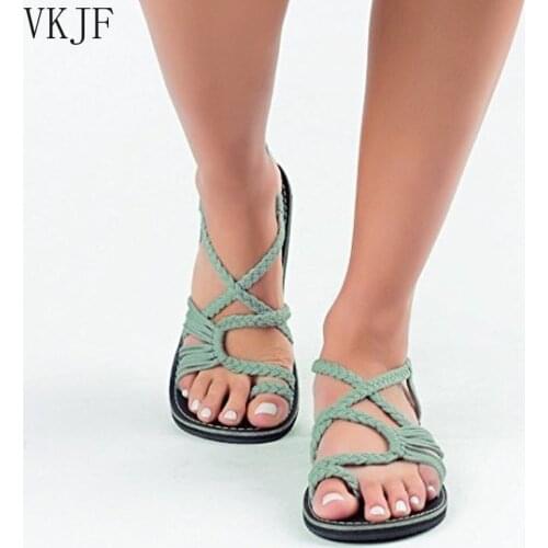 2021 Women Gladiator Sandals Summer Beach Flip Flops Braided Vintage Bohemian Flat Woman Shoes Plus Size
