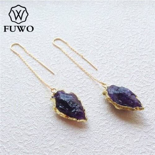 FUWO Wholesale Trendy Gold Amethysts Earrings Minimalist Design Arrowhead Threader Earrings For Women ER023