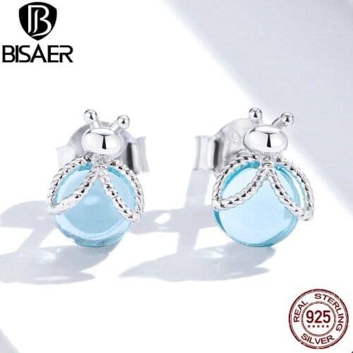 Fireflies Earrings BISAER 925 Sterling Silver Fireflies Shape Sky Blue Glass Women Earrings for Women Luxury Fine Jewelry EFE366