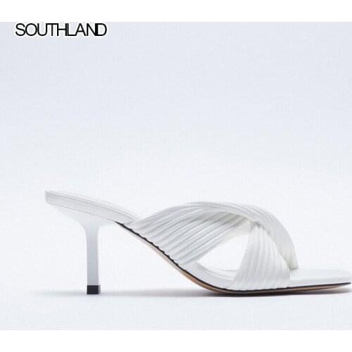 SOUTHLAND 2021 new womens casual shoes temperament Pleated Drawstring Stiletto High heels Square head Open toe sandals