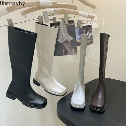 Fashion Women Knee-High Boots Woman Square Toe Zipper Low Heels 2021 Autumn Winter White Female knight Long Boots 35-40