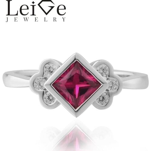 Leige Jewelry Lab Ruby Ring Princess Cut Red Gemstone Engagement Rings For Woman Sterling Sliver 925 July Birthstone