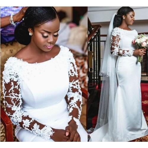 Long Sleeves Mermaid Wedding Dresses Lace Applique Beaded Pearls Plus Size Sweep Train Satin Scoop Neck Wedding Gown vestido de