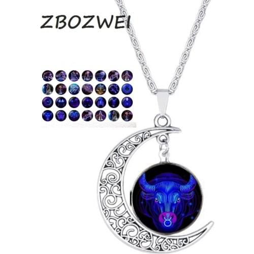 12 Constellation Necklace Zodiac Signs Cabochon Glass Crescent Moon Pendant Clavicle Chain Necklace Birthday Gifts for Women