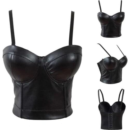 Faux Leather Crop Top Corset Speghetti Shoulder Strap Bustier Overbust Padded Cup Korsett Steampunk Gorset Plus Size Tops Women