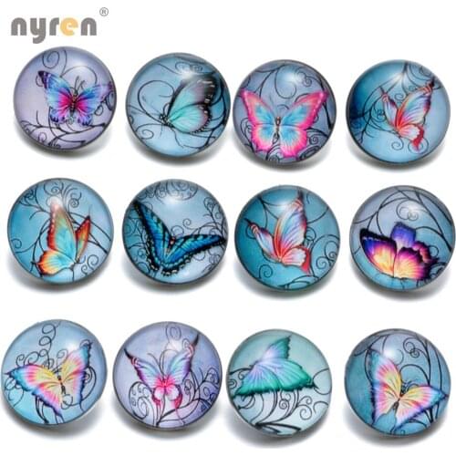 KZ0386 Fashion 12pcs/lot Beautiful Buttons Butterfly Series Interchangeable Glass Snap Buttons Fit DIY 18mm Snaps Jewelry