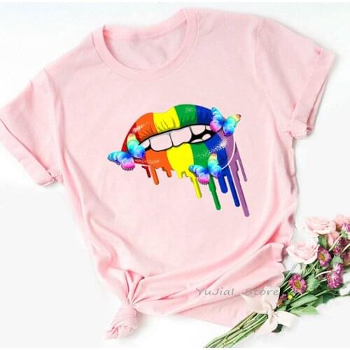 2021 Hot Sale Rainbow Lips Print T Shirt Women Watercolor Butterfly Sexy Tshirt Femme Harajuku Shirt Kawaii Clothes Summer Tops
