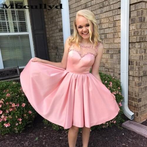 Mbcullyd Baby Pink Short Satin Homecoming Dresses 2020 Shining Crystal Cocktail Party Gowns Sheer Vestidos de fiesta de noche