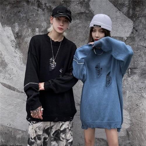 Fashion Hipster Distressed Destroyed Jumpers Sweaters Unisex Streetwear Hip Hop Harajuku Casual Loose Knitted Pullover Tops Men