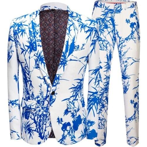 Bamboo print suits mens blazers large size Chinese style blue nightclub stage show dress European veste costume homme fashion