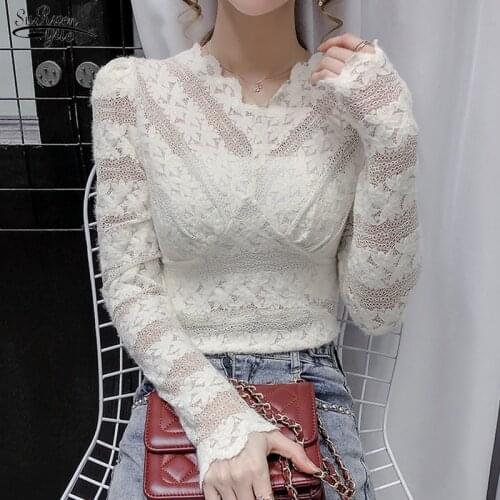 New Spring Casual Puff Sleeve Top Mujer Crochet Lace Vintage White Blouse Shirts Hollow Out Sexy V-neck Female Shirts Tops 12626