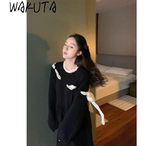 WAKUTA Bow Tie Design Sweater Dress Women New Winter Sweet Fairy Long Sleeve O Neck Knitted Long Dresses Female Vestidos 2020