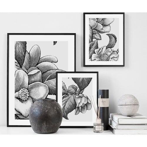 Hand Painted Black White Flower Plant Leaf Wall Art Canvas Painting Nordic Posters And Prints Wall Picture For Living Room Decor