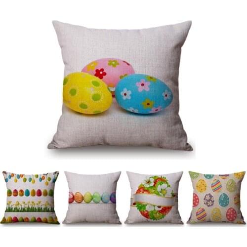 Happy Easter Colorful Eggs Tree Home Decorative Cotton Linen Throw Pillow Case Easter Rabbit Celebration Decor Cushion Cover