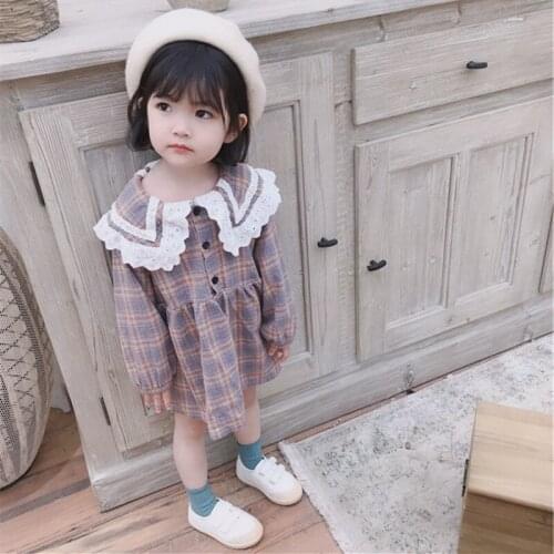 Spring Baby Girls Cotton Dress 2019 Toddler Clothes Baby Plaid Long Sleeve Lace Patchwork Turn Down Collar Princess Dress 2-7Yrs