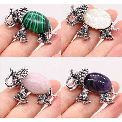 Vintage Elephant Shell Brooches Antique Silver Plated Tiger Eye Stone Amethysts Pin Charms for Jewelry Making DIY Lucky Necklace
