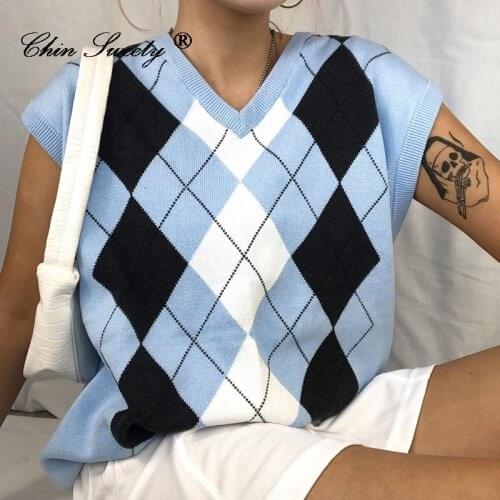 V Neck Vintage Argyle Sweater Vest Women Blue Sleeveless Plaid Knitted Casual Sweaters Casual Autumn Preppy Style 2021 Lady Tops