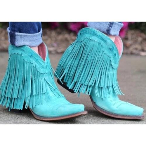 2020 Women Mid-calf Low Heel Bohemia Motorcycle Boots Fringed Cowboy Boots Shoes Spring Autumn Women Boots