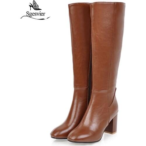 Sgesvier Large size 34-45 fashion autumn winter boots women square toe zip high heels shoes knee high boots women 2019 new