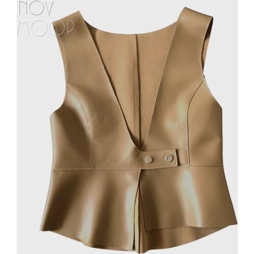 Novmoop 2020 fashion style women spring summer black khaki irregular sheepskin genuine leather vest gilet femme colete LT3079