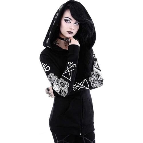 Gothic Punk Print Women Long Sleeve Sweatshirt Hoodis Zipper Loose Oversized Streetwear Hooded Tops Casual 2021 Autumn Winter