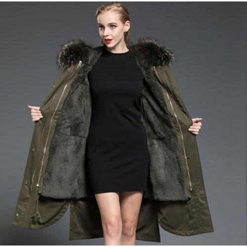 Real Rabbit Liner Parka Clothes 2020 Autumn Winter Jacket Women Raccoon Fur Collar Long Trench Coat MY3536