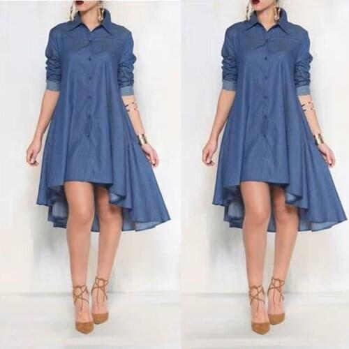 Fashion Blue Summer Women Dress Long Sleeve Denim Shirt Dress Casual Turn-down Collar Women Dresses Ruffle Loose Party Clothes