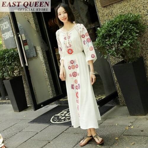 2018 new summer beach fashion dresses O-Neck cotton three quarter sleeve bohemia printed embroidery long dress FF263 b