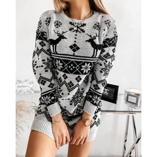 2021 New Christmas Dress for Ladies Knitted Autumn Women Temperament Elk Snowflake Round Collar Long Sleeve Sweater Short Skirt