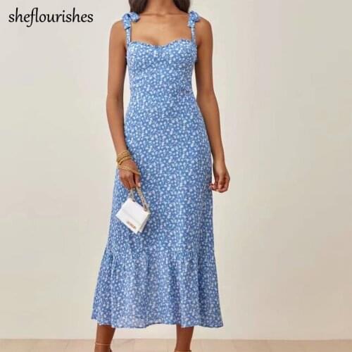2021 Summer floral dress women elegant dresses sleeveless midi dress square neck ruffle dresses vintage bohemian dress blue